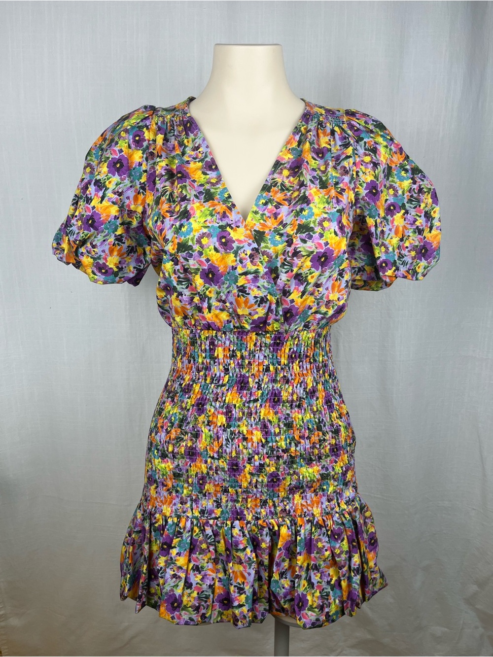 NWT Zara Purple Multi Floral Puff-Sleeve Smocked Mini Dress XSMALL